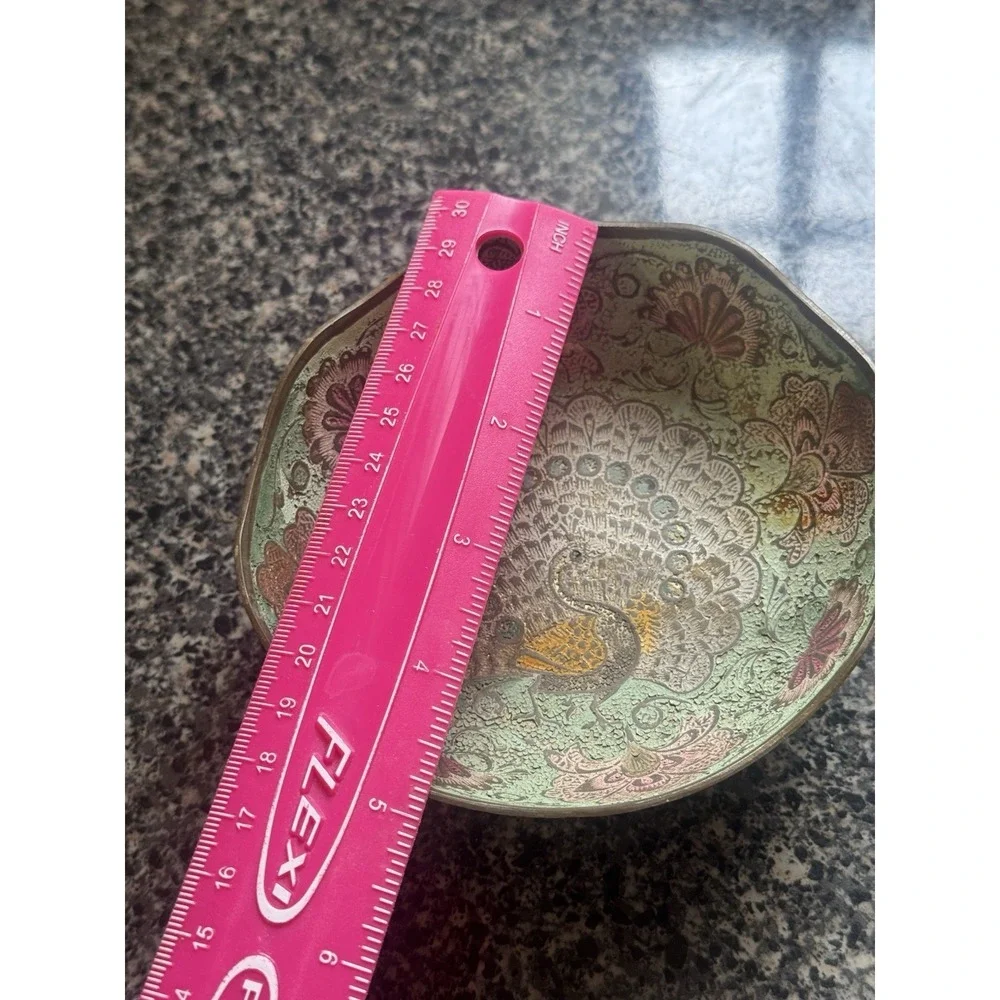 Vintage Solid Brass Enameled Bowl Colorful Peacock Design Made In India‎